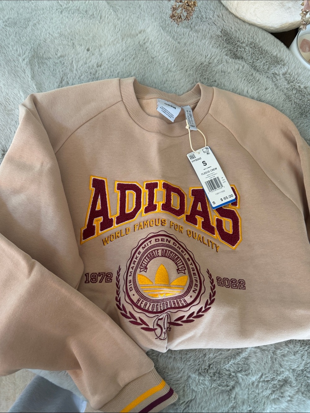 adidas Beige Crewneck Sweatshirt with Maroon and Yellow Applique